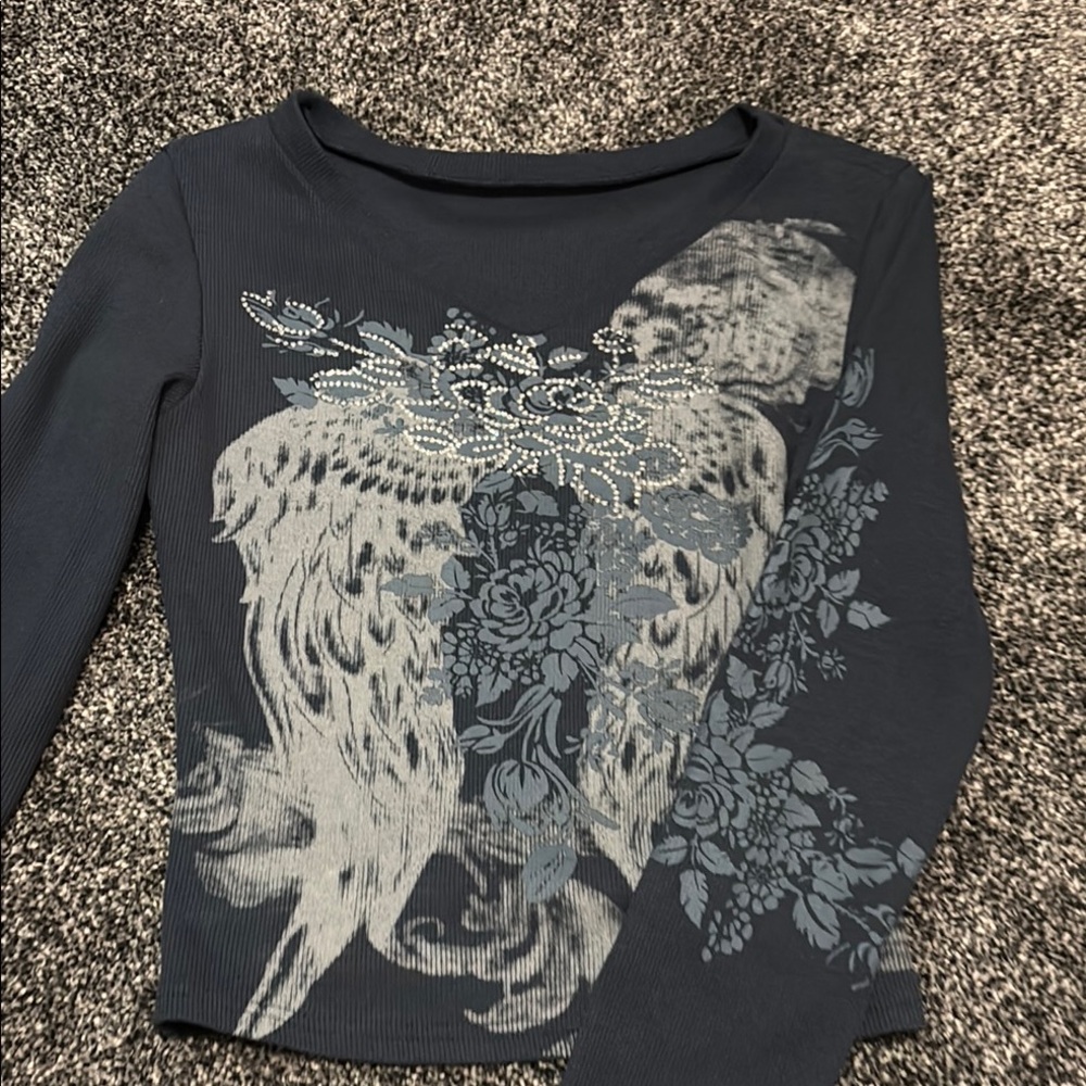 Floral Graphic Long Sleeve Top - Black